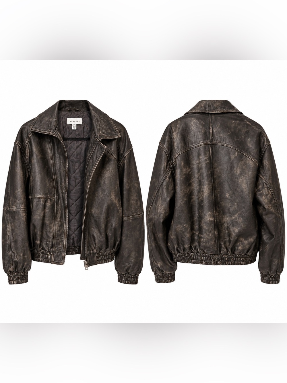 Topshop Men's Distressed Dark Brown Leather Bomber Jacket